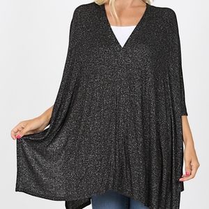 Zenana Melange Oversize V-neck Poncho Charcoal